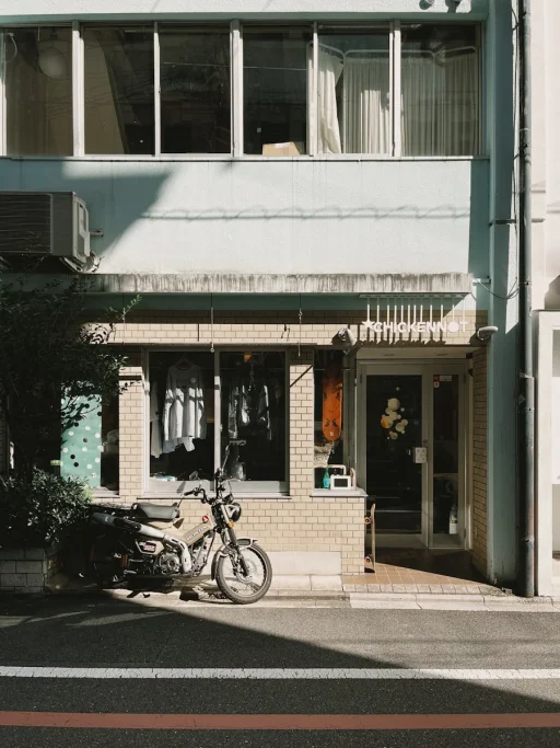 A motorcycle parked in front of a building