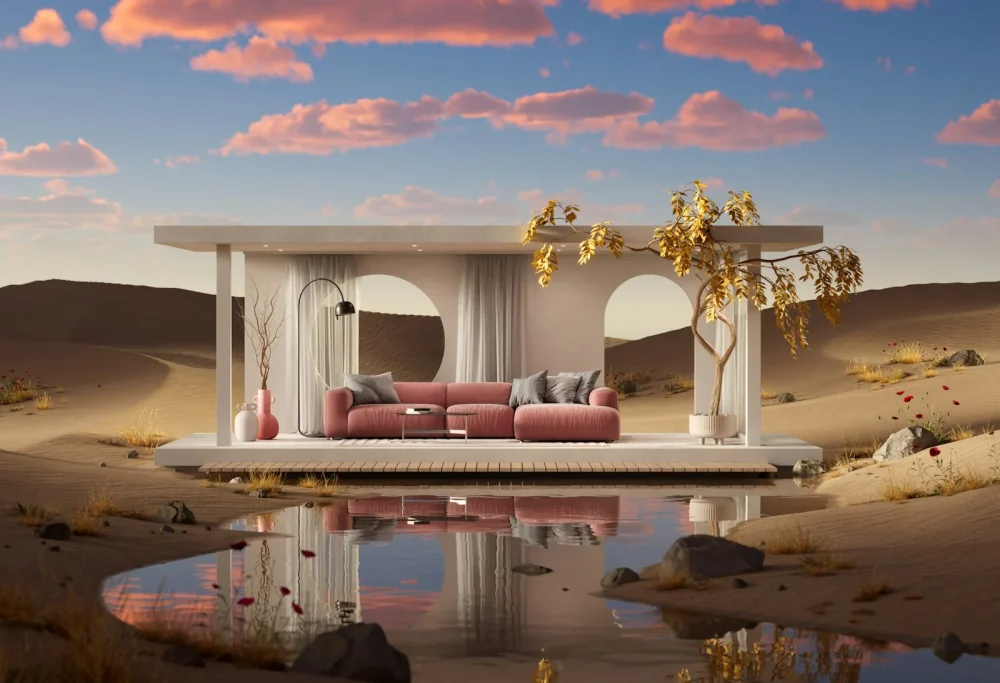 A couch sitting on top of a sandy beach next to a body of water