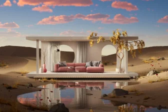A couch sitting on top of a sandy beach next to a body of water