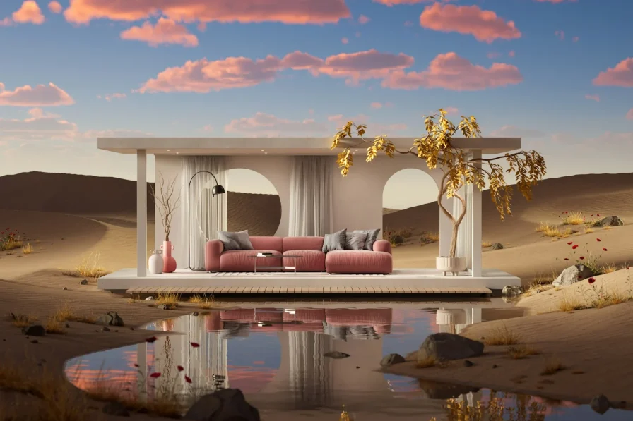 A couch sitting on top of a sandy beach next to a body of water